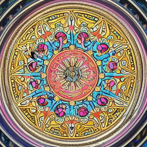 Prompt: huge 3 d plasterwork mural colourful detailed ornamental abstract art nouveau large circle mandala, full sized circle, art by alphonse mucha and walter crane and louis sullivan and william morris