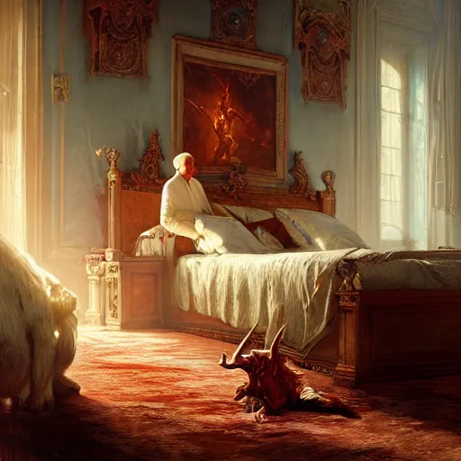 Image similar to the pope is in his bedroom, scared because a horned demon is attacking him. highly detailed painting by gaston bussiere, greg rutkowski, craig mullins 8 k