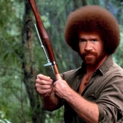 Prompt: A still of Bob Ross as Rambo in Rambo First Blood (1982)