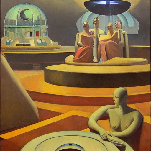 Image similar to three brutalist robotic seers watchers oracles soothsayers inside a dome, pj crook, grant wood, edward hopper, syd mead, oil on canvas