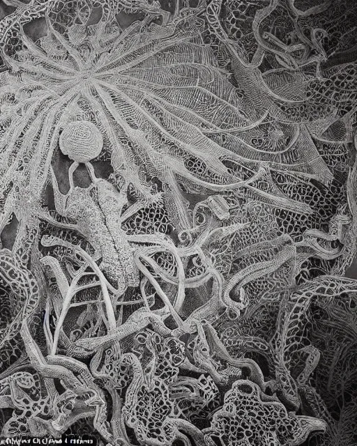 Image similar to a coral reef, made of intricate decorative lace leaf skeleton, in the style of the dutch masters and gregory crewdson, dark and moody