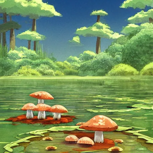 Image similar to a beautiful lake with cute little mushrooms growing around it, fantasy art, 2 d, by studio ghibli