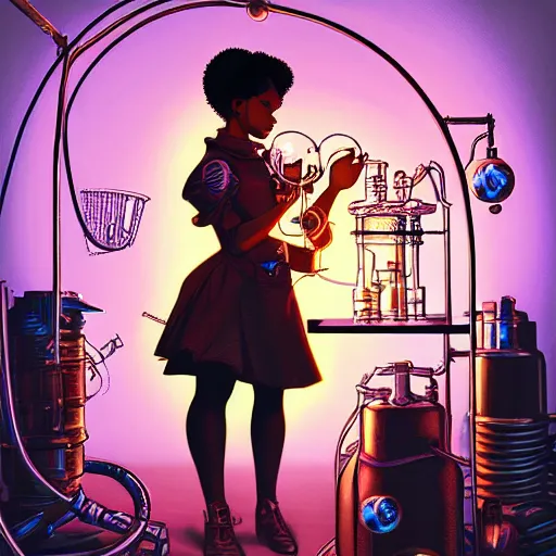 Prompt: a black girl in a steampunk alchemy lab with glowing bubbles of light by dan mumford, oil on canvas