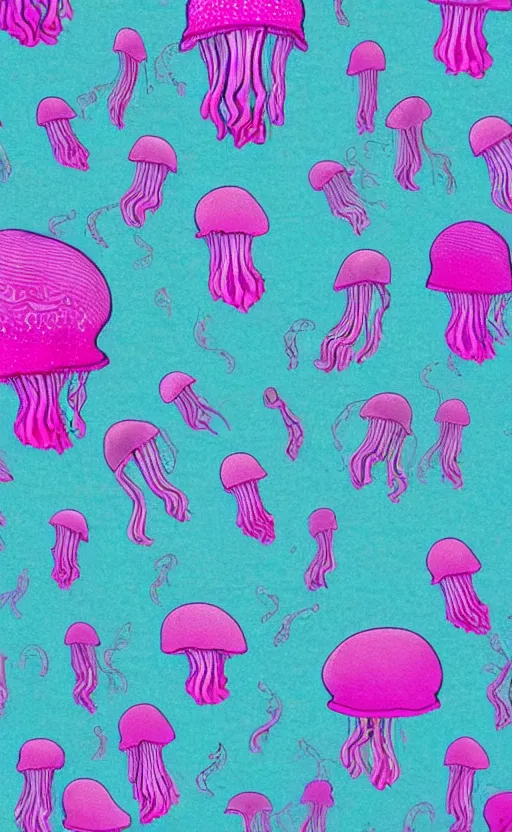 Prompt: tapestry of jellyfish ascending from the bottom of the ocean, cyan and magenta,