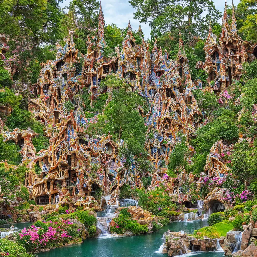 Image similar to valley village on the lake, waterfalls, flowers and intricate detailed visionary architecture and gardens by antoni gaudi, john stephens, alex gray