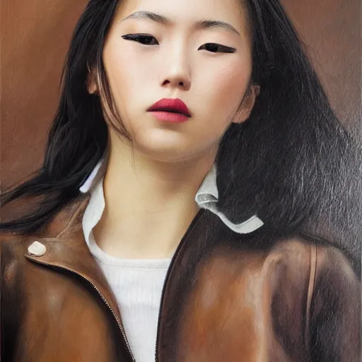 Image similar to perfect, realistic oil painting of close-up japanese young woman wearing leather jacket