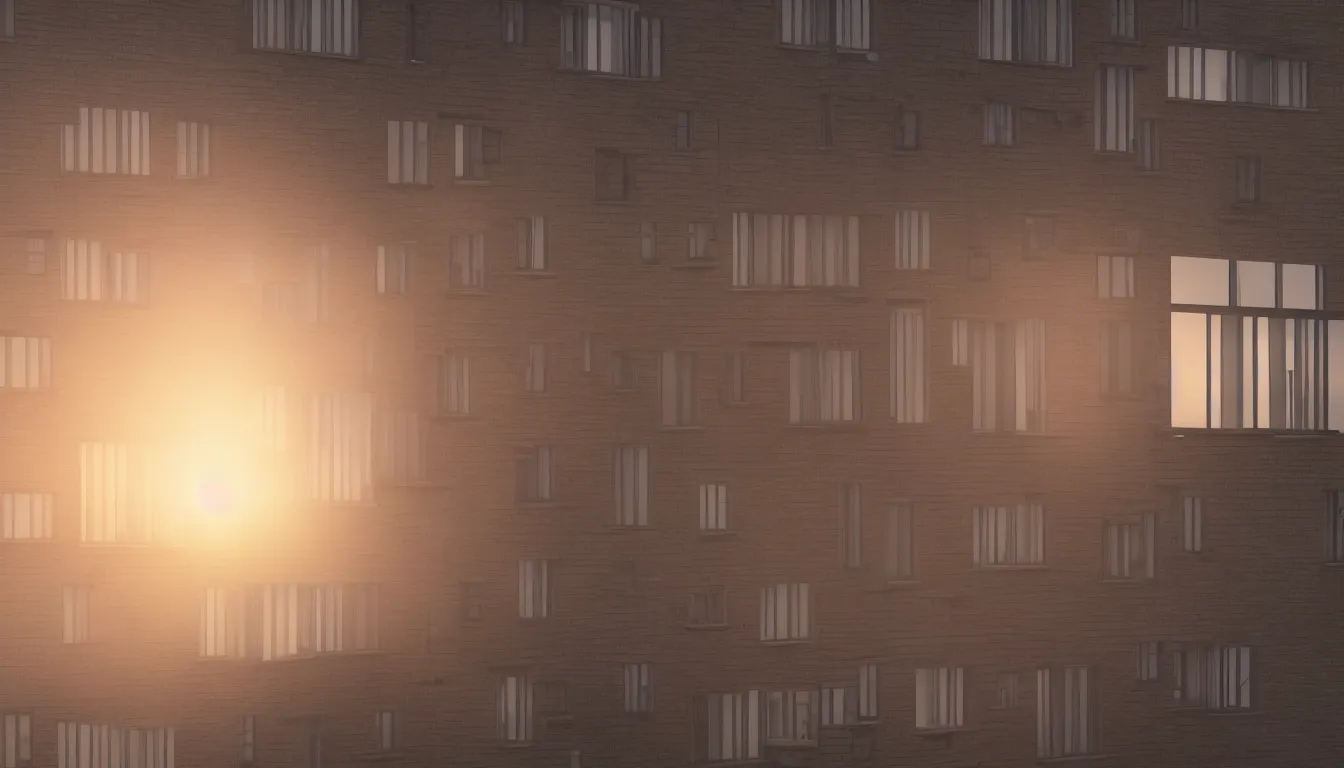 Image similar to Spying into the windows of a small tower block from outside , windows full of the private lives of the human inhabitants, volumetric lighting shines through the misty sunset sky , full color , 4K