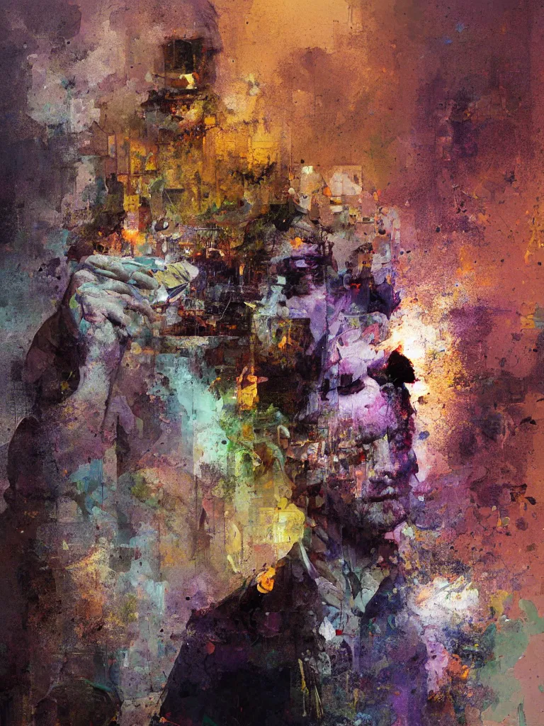 Image similar to a beautiful glitched oil painting by robert proch of a man standing with his phone in front of a bathroom mirror, anatomy study of the human nervous system, color bleeding, pixel sorting, copper oxide and rust materials, brushstrokes by jeremy mann, cold top lighting, pastel purple background