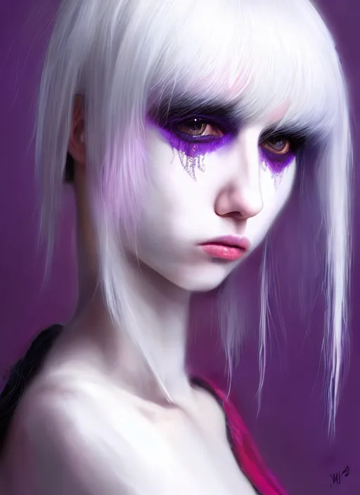 Image similar to hair whitebangs hair, black cyberlox, portrait of normal teenage girl, white bangs, messy bangs, fluffy bangs, cyberlox, whitebangs, red contact lenses, purple background, intricate, elegant, highly detailed, digital painting, artstation, concept art, sharp focus, smooth, illustration, art by wlop, mars ravelo and greg rutkowski