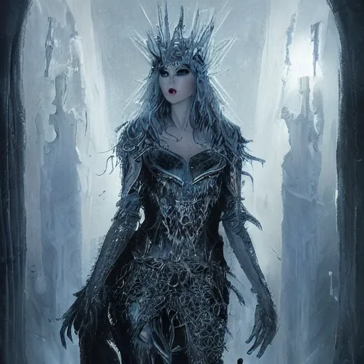 Prompt: ice queen, darkwave, darksynth, concept art, sharp, digital matte painting, art by luis royo, greg rutkowski, wlop, dramatic lighting, trending on artstation