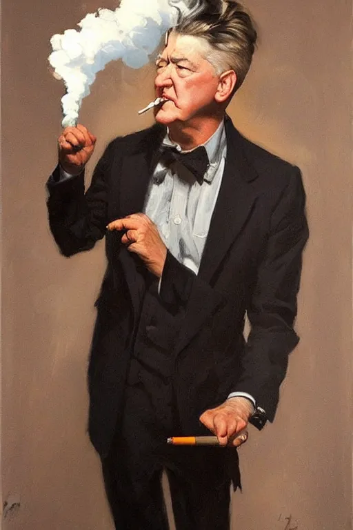 Image similar to david lynch smoking cigarette, billowing smoke, painting by jc leyendecker!! phil hale!, angular, brush strokes, painterly, vintage, crisp