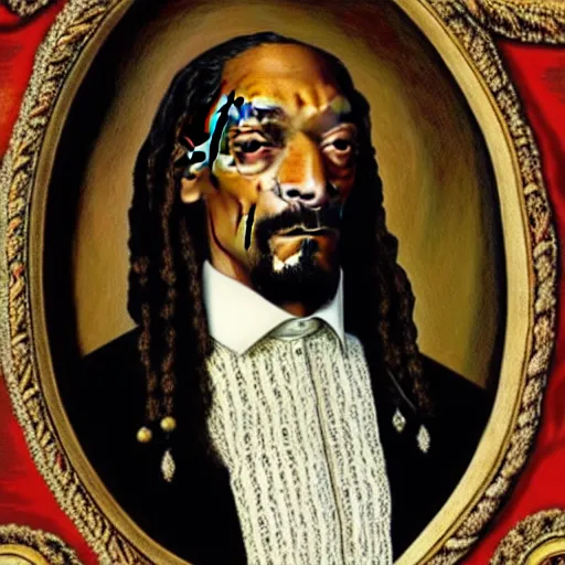 Image similar to a highly detailed portrait of snoop dogg, wearing elegant tudor clothes, inside a room with thick red tapestries, oil painting by hans holbein and alessandro allori and richard burbage