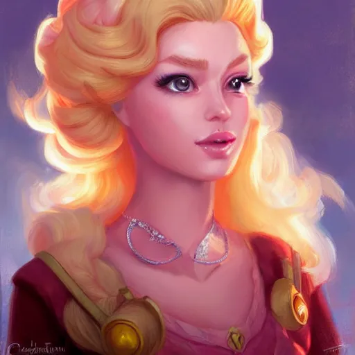 Prompt: princess peach as realistic blond pretty human character art portrait, matte fantasy painting, deviantart artstation, by jason felix by steve argyle by tyler jacobson by peter mohrbacher, cinema c 9. 0