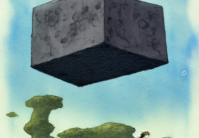 Prompt: a simple watercolor fantasy concept art of a giant dark grey cube floating in the air. by studio ghibli, rebecca guay, michael kaluta, charles vess