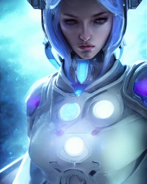 Image similar to perfect android girl on a mothership, warframe armor, beautiful face, scifi, futuristic, galaxy, nebula, raytracing, dreamy, long white hair, blue cyborg eyes, sharp focus, cinematic lighting, highly detailed, artstation, divine, by gauthier leblanc, kazuya takahashi, huifeng huang