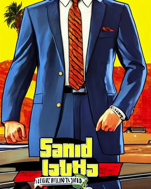 Prompt: Saul Goodman in GTA V, Cover art by Stephen Bliss, boxart, loading screen,