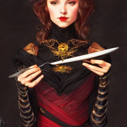 Image similar to very cute Miranda Kirr eating fork covered in honey wearing black-crimson silk dress, D&D, fantasy, intricate, elegant, highly detailed, digital painting, artstation, concept art, matte, sharp focus, illustration, hearthstone, art by Artgerm and Greg Rutkowski and Alphonse Mucha