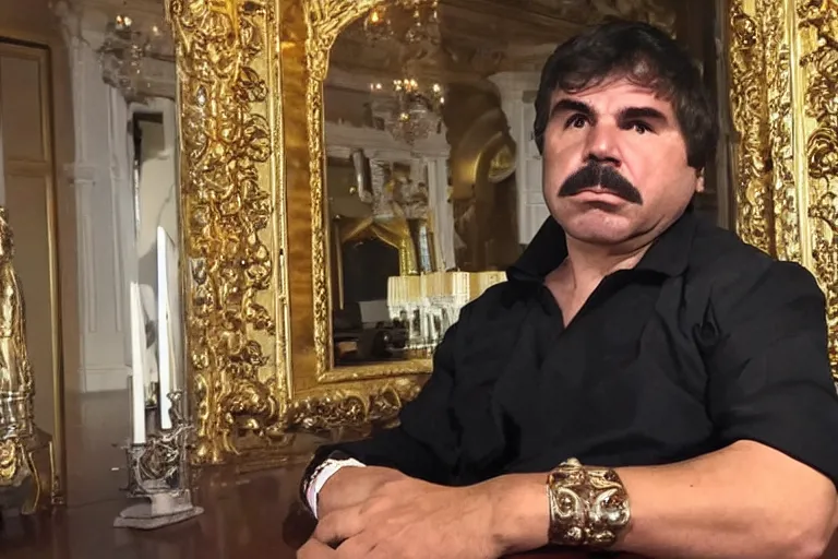Image similar to el chapo standing in the middle of a grandiose mexican mansion. everything is made out of gold. el chapo is sipping on wine. the mansion is incredible and ornate. chapo has a clockwork chain.