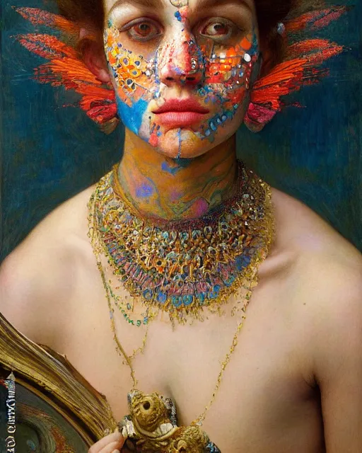 Image similar to a beautiful girl wearing colourful face paint surrounded by bright intricate patterns, by edgar maxence and caravaggio and michael whelan, intricate painting, hyper realistic, extremely detailed and beautiful aesthetic face, 8 k resolution