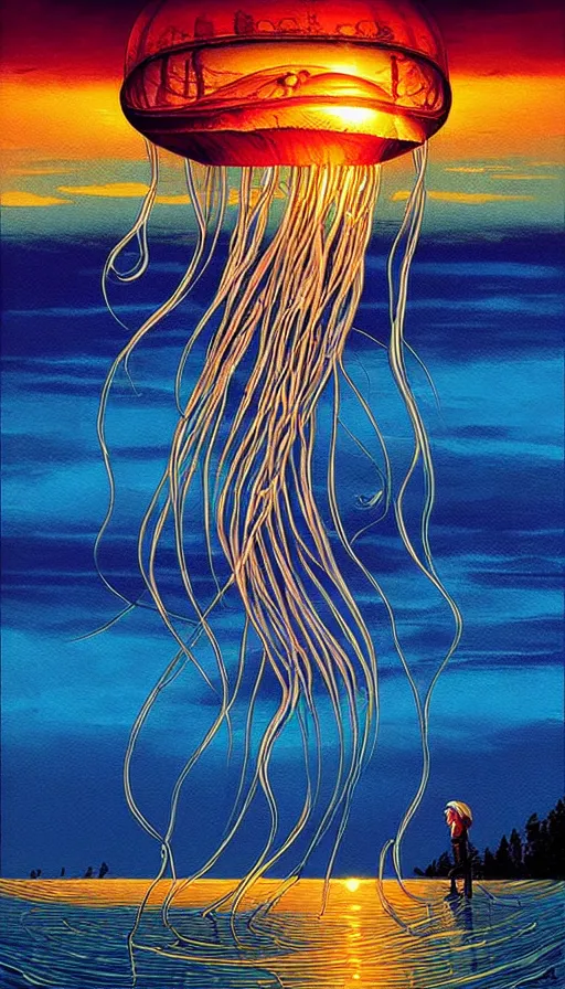 Image similar to The jellyfish of the sunset sky, italian futurism, Dan Mumford, da vinci, Josan Gonzalez