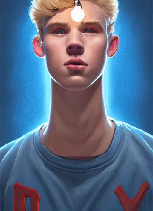 Image similar to portrait of high school senior boy named big moose, blonde short hair, jock, beefy, wide face, square jaw, square facial structure, blue varsity jacket with letter r, intricate, elegant, glowing lights, highly detailed, digital painting, artstation, concept art, sharp focus, illustration, art by wlop, mars ravelo and greg rutkowski