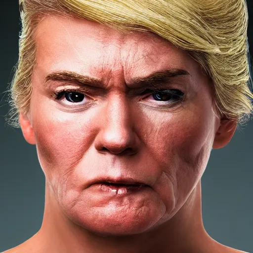 Image similar to uhd, high resolution photography of woman, genetic combination of hulk hogan and donald trump face and upper body, body focus