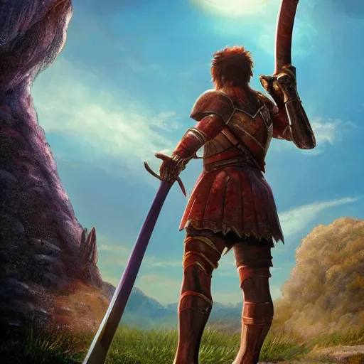 Image similar to a ultra detail picture portrait of A giant warrior in shimmering armor wielding a legendary sword, the sun at their back, strides forward with sword held high. They are the embodiment of courage and strength, and they are ready to fight for what is right. vivid tones, wide angle, by miyazaki, nausicaa ghibli, 8k, photorealistic,