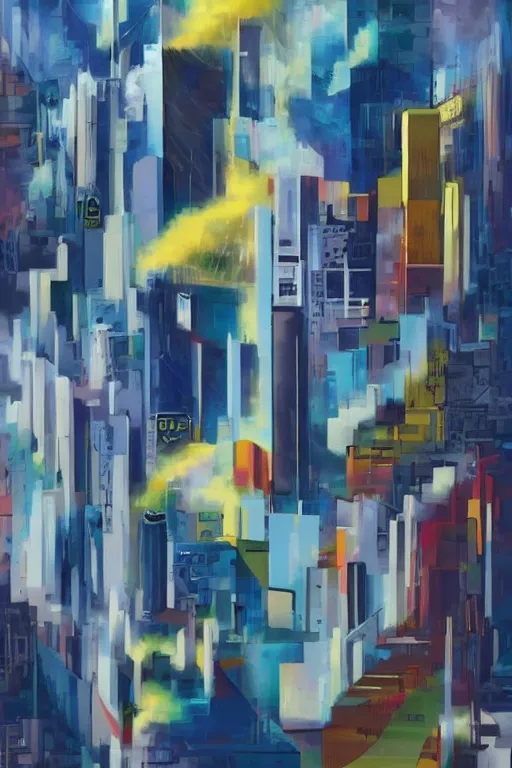 Prompt: cyberpunk urbanism, abstract art in the style of cubism and georgia o keefe
