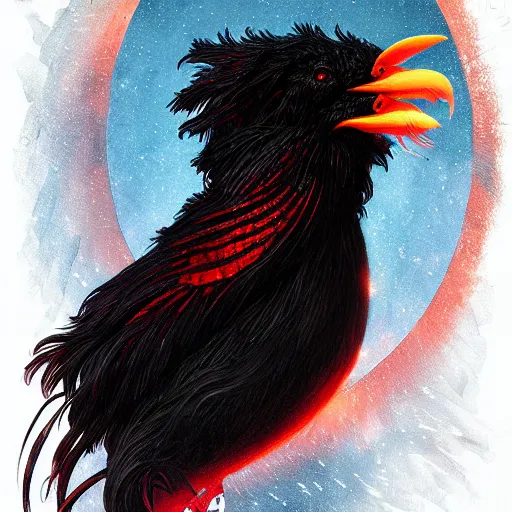 Image similar to Portrait of a Black Chicken in space, fire red comb, dark fantasy, intricate, elegant, highly detailed, digital painting, artstation, concept art, smooth, sharp focus, illustration, art by Sam Youn and Fernanda Suarez and Artem Demura and alphonse mucha