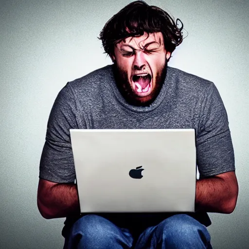 Prompt: photograph of man smashing his laptop out of rage