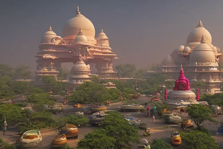 Image similar to beautiful futuristic biomorphic new delhi, sci - fi ganesha!! building, kalighat flowers, octane highly detailed cinematic, stephen shore & john j. park, soft morning light, wide shot, aerial shot, uhd 8 k, shallow depth of field