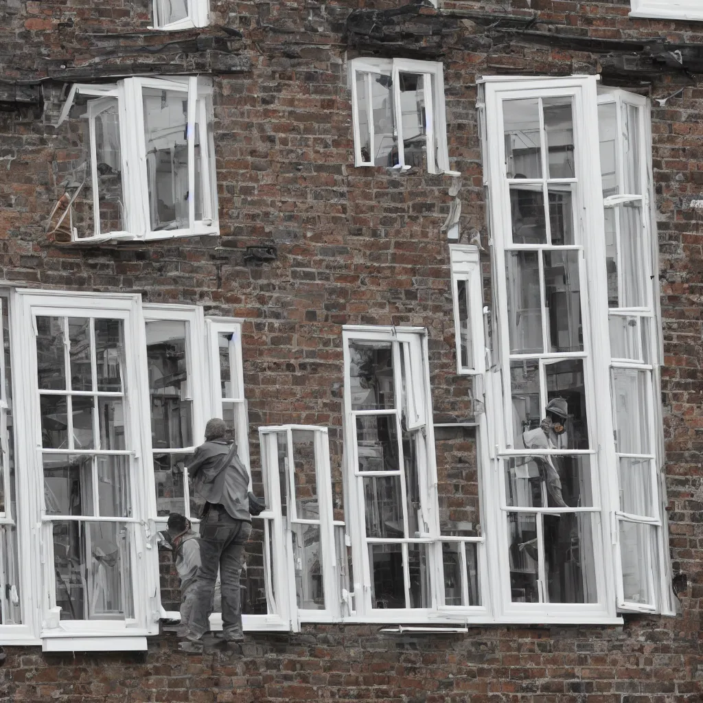 Image similar to many builders inspecting and discussing sash window