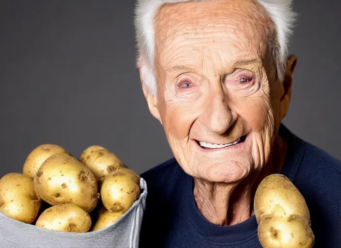 Image similar to studio portrait photo still of bob barker!!!!!!!! at age 7 3 years old 7 3 years of age!!!!!!! wearing a tank top holding a bag of potatos, 8 k, 8 5 mm f 1. 8, studio lighting, rim light, right side key light