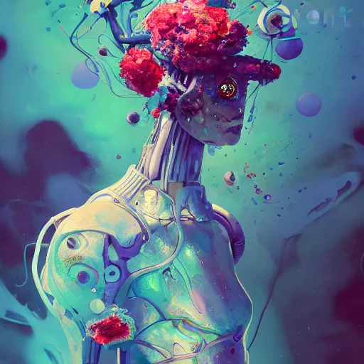 Prompt: surreal gouache painting, by yoshitaka amano, by ruan jia, by conrad roset, by kilian eng, by good smile company, detailed anime 3 d render of a mechanical melting android head with flowers growing out, portrait, cgsociety, artstation, modular patterned mechanical costume and headpiece, retrowave atmosphere