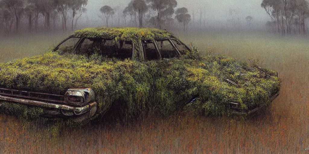 Image similar to hyper realistic painting of an australian landscape, an abandoned holden commodore covered with moss. by Zdzislaw Beksinski
