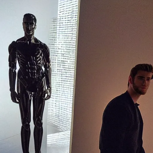 Image similar to “ a realistic detailed photo of a guy who is an attractive humanoid who is half robot and half humanoid, who is a male android, actor liam hemsworth, shiny skin, posing like a statue, blank stare, at the museum, on display ”