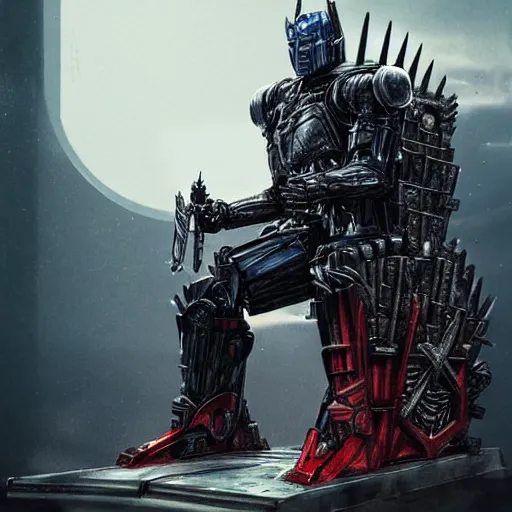 Image similar to optimus prime sitting on the iron throne, game of thrones, science fiction, artstation, pinterest, adobe photoshop