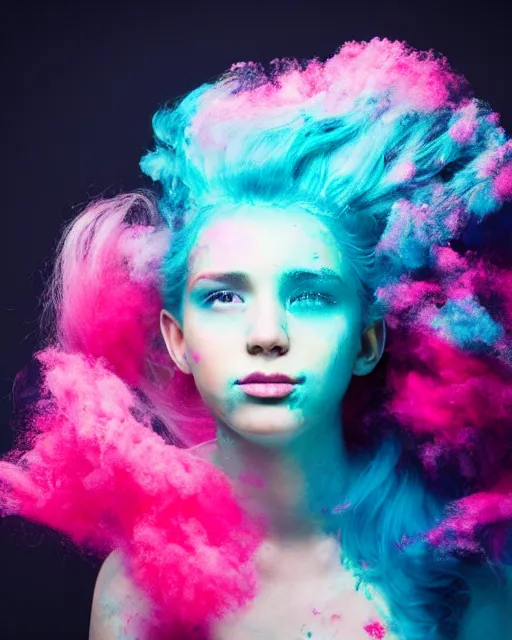 Image similar to a dramatic lighting photo of a beautiful young woman with cotton candy hair. paint splashes. with a little bit of cyan, red, yellow, pink