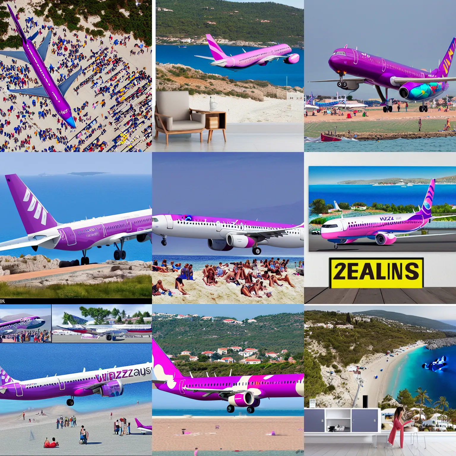 Prompt: wizzair airbus a 3 2 1 neo landing at skiathos airport, low over the heads of the people on the beach, highly detailed caricature, 8 k
