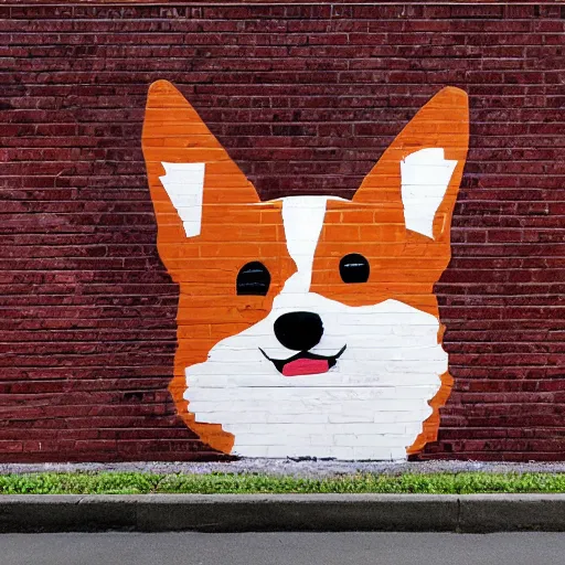 Image similar to brick wall with a mural of a corgi, street art, graffiti, urban landscape, award - winning photograph by david lynch