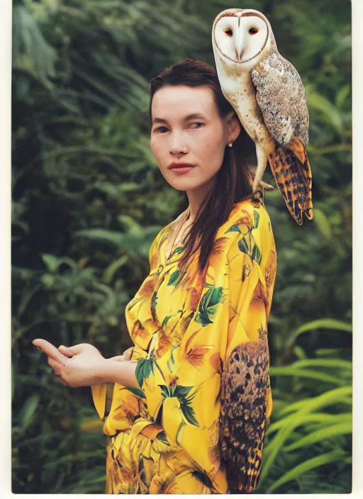 Image similar to grainy head to shoulder portrait Polaroid film photograph of an elegant top model wearing a yellow kimono with a very detailed barn owl on her shoulder!!! in a tropical greenhouse. looking at the camera!!. super resolution. Extremely detailed. Polaroid 600 film. art by James Gurney.