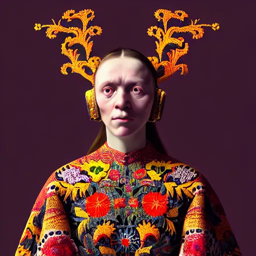 Prompt: Colour Caravaggio style full body portrait Photography of Highly detailed beautiful Woman wearing detailed Ukrainian embroidery folk costume designed by Taras Shevchenko with 1000 years perfect face wearing highly detailed retrofuturistic VR headset designed by Josan Gonzalez. Many details In style of Josan Gonzalez and Mike Winkelmann and andgreg rutkowski and alphonse muchaand and Caspar David Friedrich and Stephen Hickman and James Gurney and Hiromasa Ogura. Rendered in Blender and Octane Render volumetric natural light