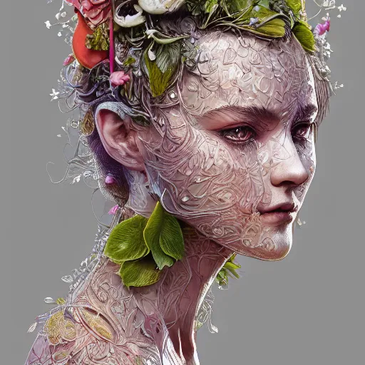 Image similar to the portrait of an absurdly beautiful, graceful, elegant, young woman made of fruits and green petals, an ultrafine hyperdetailed illustration by kim jung gi, irakli nadar, intricate linework, bright colors, octopath traveler, final fantasy, angular, unreal engine 5 highly rendered, global illumination, radiant light, detailed and intricate environment