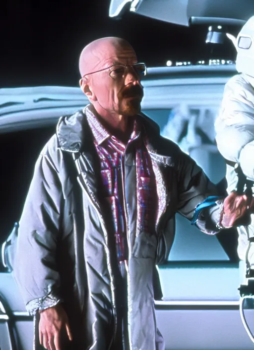 Prompt: film still of Walter White as Marty Mcfly in Back To The Future, 4k