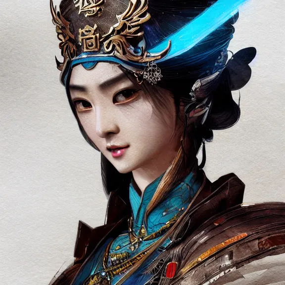 Image similar to ancient chinese princess with steampunk mask, dynasty warriors, elegant, unreal engine, 8 k, blue color scheme, headshot, highly detailed, smooth, ink painting, artstation, concept art, in style of yoji shinkawa, pan ren wei, col price, atey ghailan, by greg rutkowski, aesthetic