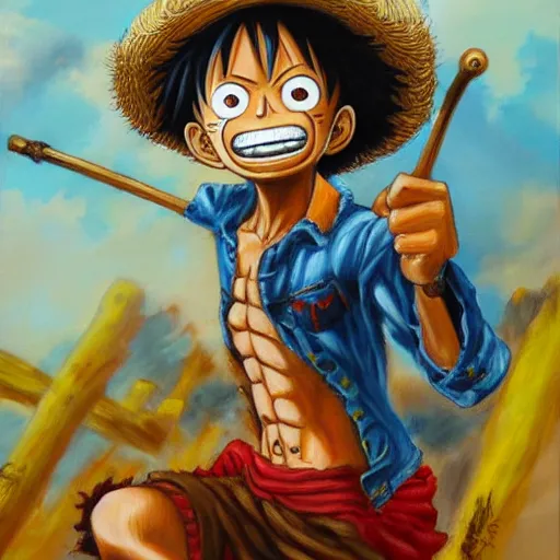 Image similar to monkey d. luffy oil - on - canvas painting, inspired by emanuel leutze