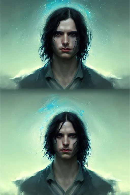 Image similar to portrait of a man with long black hair and bright blue eyes, hyperrealistic face, beautiful eyes, fantasy art, in the style of greg rutkowski, intricate, hyperdetalized, smooth