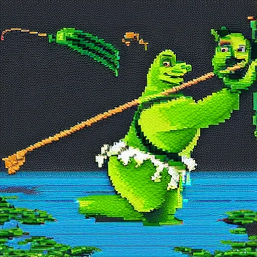 Prompt: expensive pixel work, dithered masterpiece, pixel art shrek fishing on a sailboat