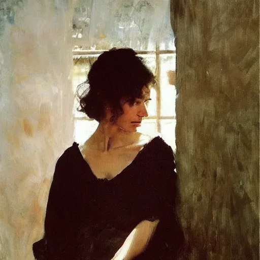 Image similar to a stunning masterful portrait of a confident spanish woman with messy hair and deep thinking eyes and traditional spanish clothes by andrew wyeth, john singer sargent, and norman rockwell, natural light, oil painting, ethereal, wong kar wai, strong brushwork
