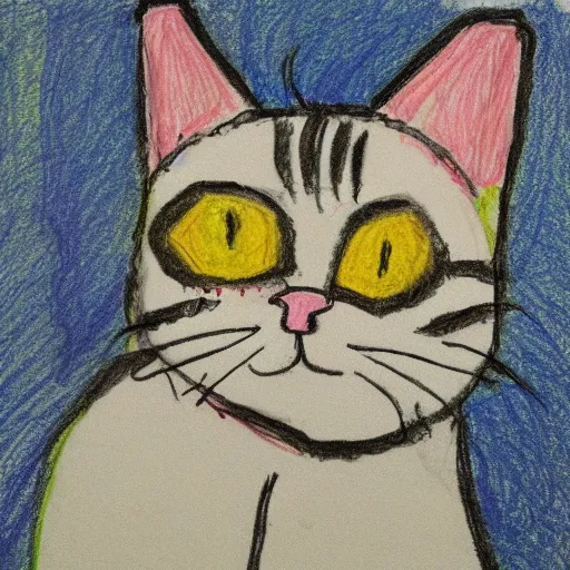 Image similar to bad crayon drawing of a cat done very quickly by an unskilled child, thick lines, shaky lines, unskilled, ugly, 3 6 0 p